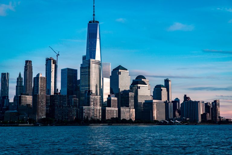 Lower Manhattan skyline with One World Trade Center over the Hudson River