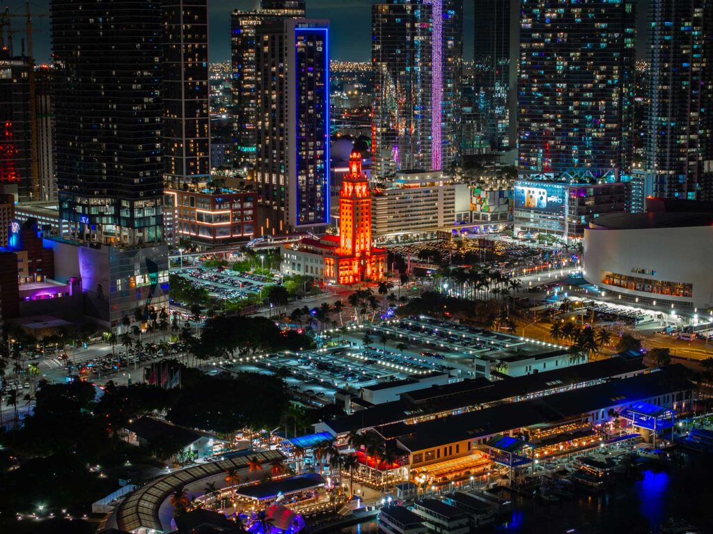 Aerial photo of the Freedom Tower and Downtown Miami at night