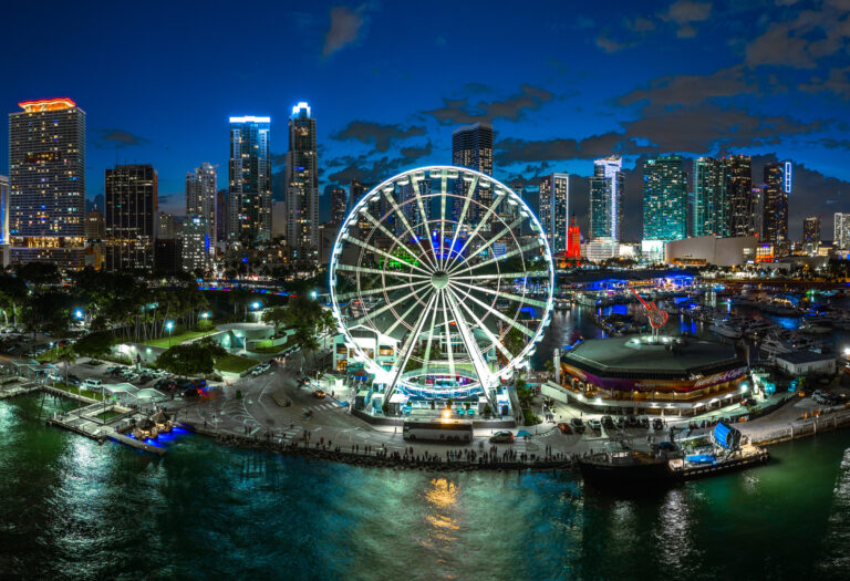 Aerial view of Bayside and the SkyView wheel at night, Miami, by Arte City Media