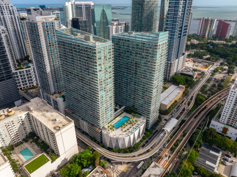 Aerial drone view of a Miami high-rise residential tower