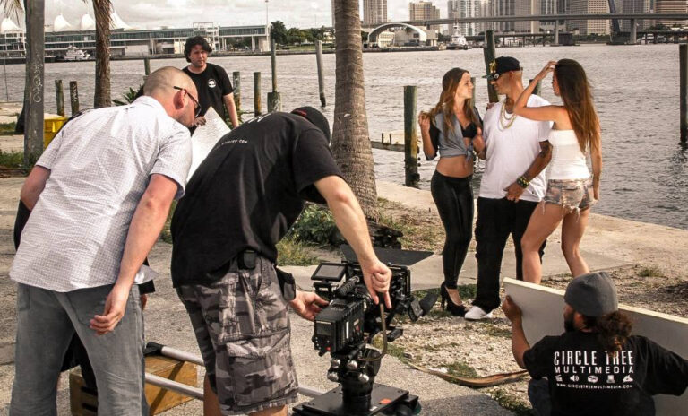Behind the scenes of a music video shoot on the Miami waterfront