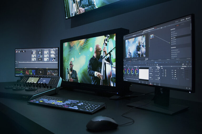 Video editing workstation with dual monitors and a timeline