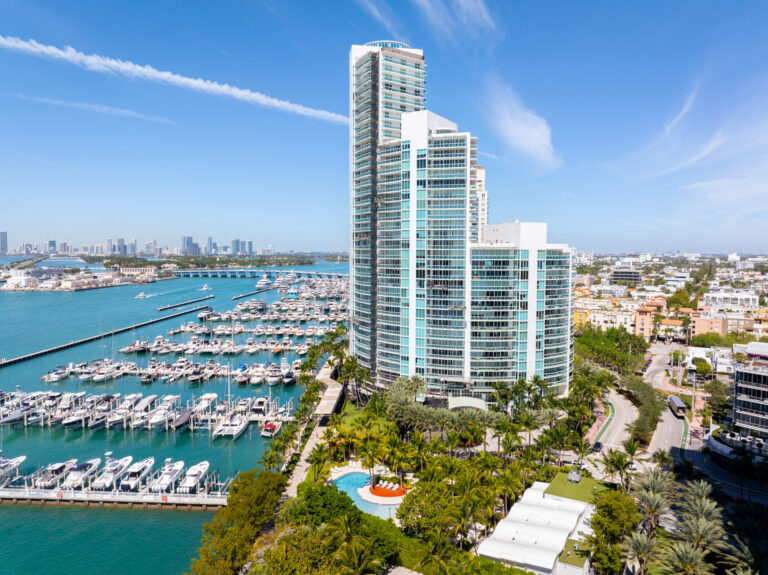 Aerial view of a Miami marina full of yachts
