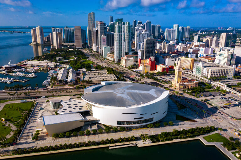 Aerial view of the Downtown Miami skyline and Biscayne Bay
