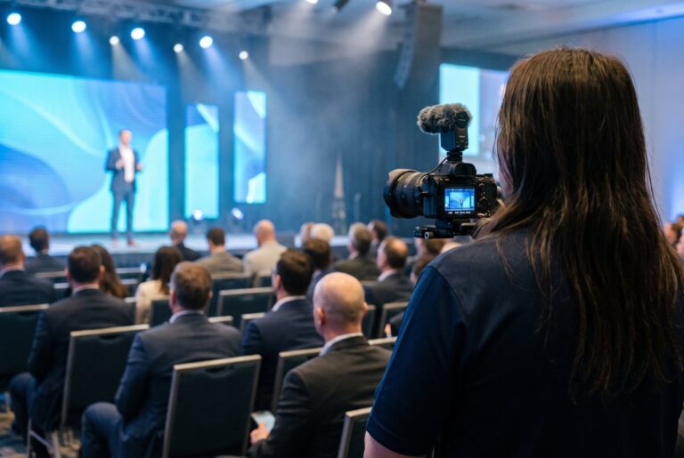 Camera operator filming a keynote speaker at a corporate conference