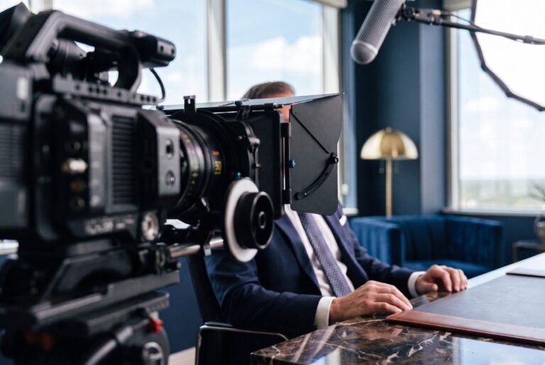 Behind the scenes of a corporate video interview in an executive office
