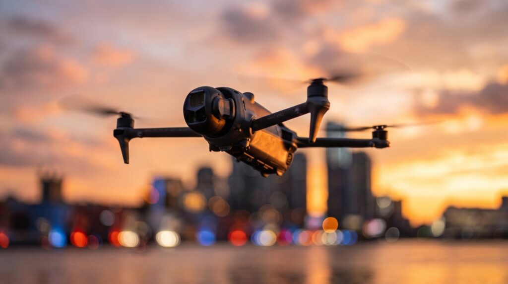 Drone flying at sunset over a city skyline and waterfront