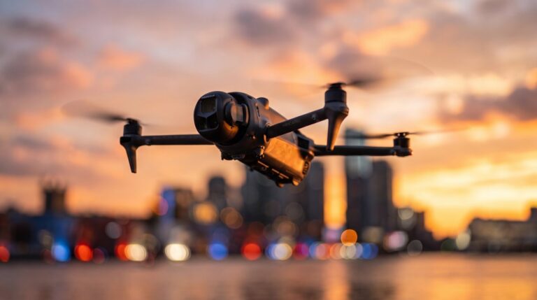 Drone flying at sunset over a city skyline and waterfront