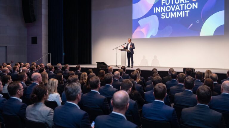 Keynote speaker addressing a full audience at a conference, event photography by Arte City Media