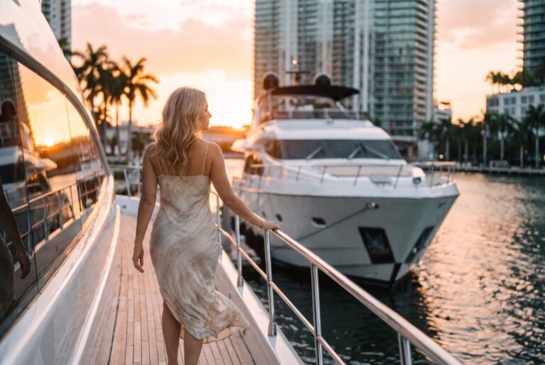 Woman walking along the deck of a luxury yacht on the Miami River at sunset