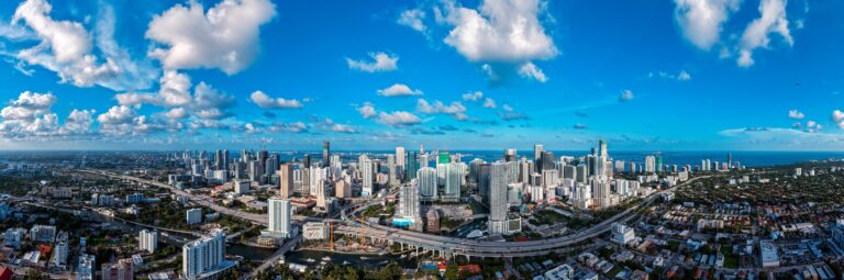 Panoramic aerial view of the Miami skyline on a sunny day