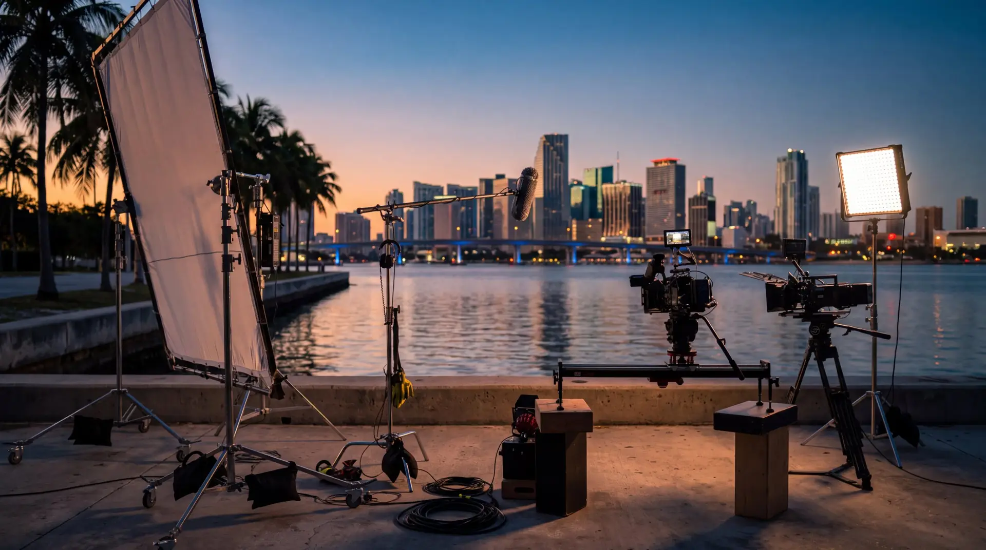 Film crew and cameras set up on the Miami waterfront with the Brickell skyline