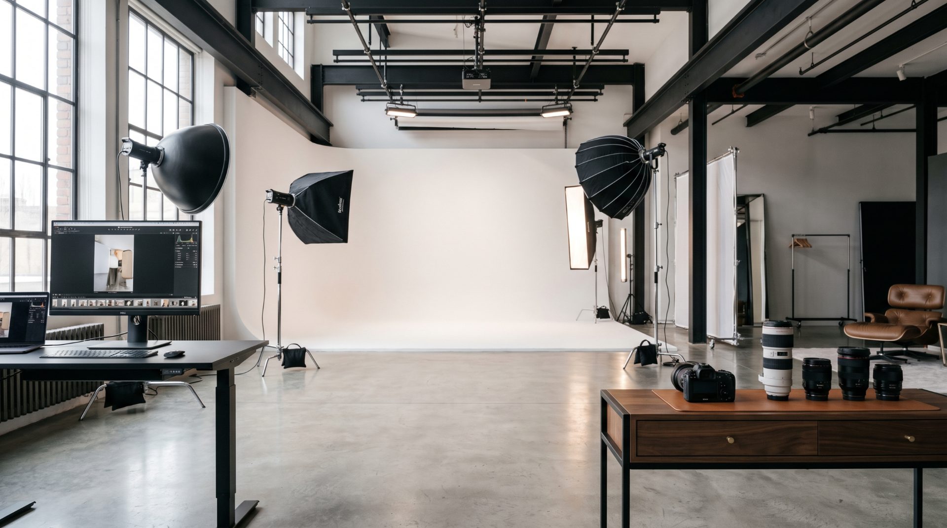 Luxury photography studio with a white cyclorama wall, softboxes, parabolic lights, a tethering workstation and camera lenses