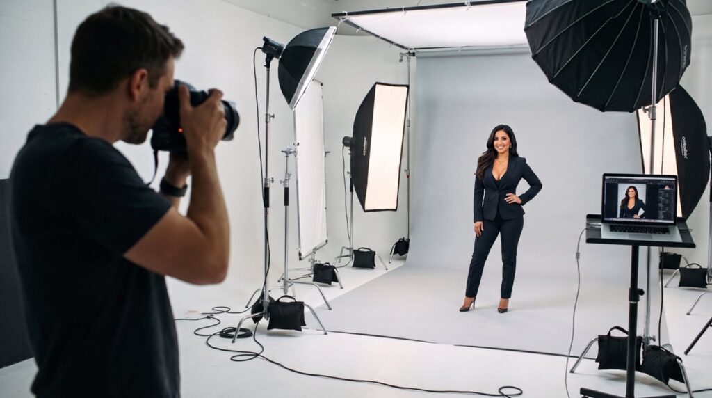 Photographer shooting a real estate agent in a professional photo studio