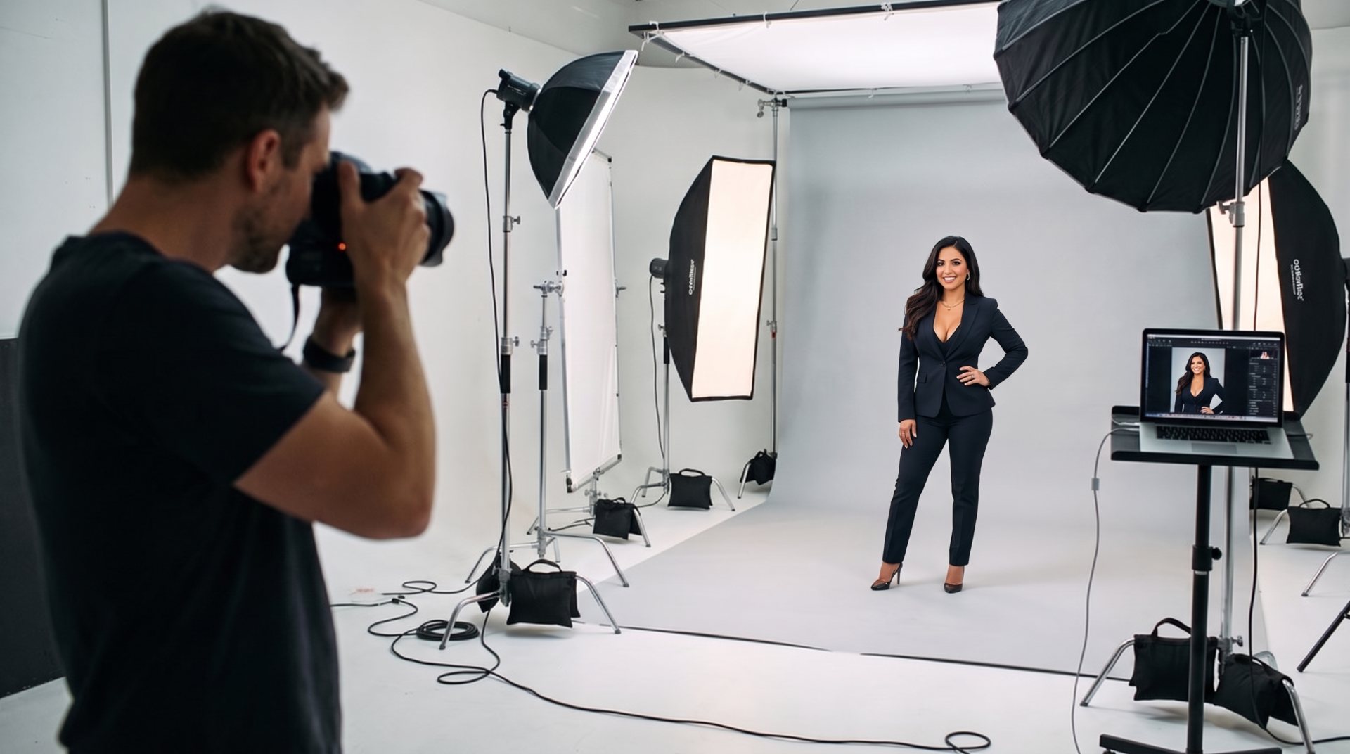 Photographer shooting a real estate agent in a professional photo studio