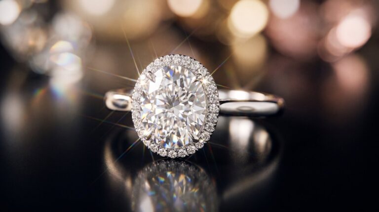Macro close-up of an oval diamond halo engagement ring, jewelry photography by Arte City Media
