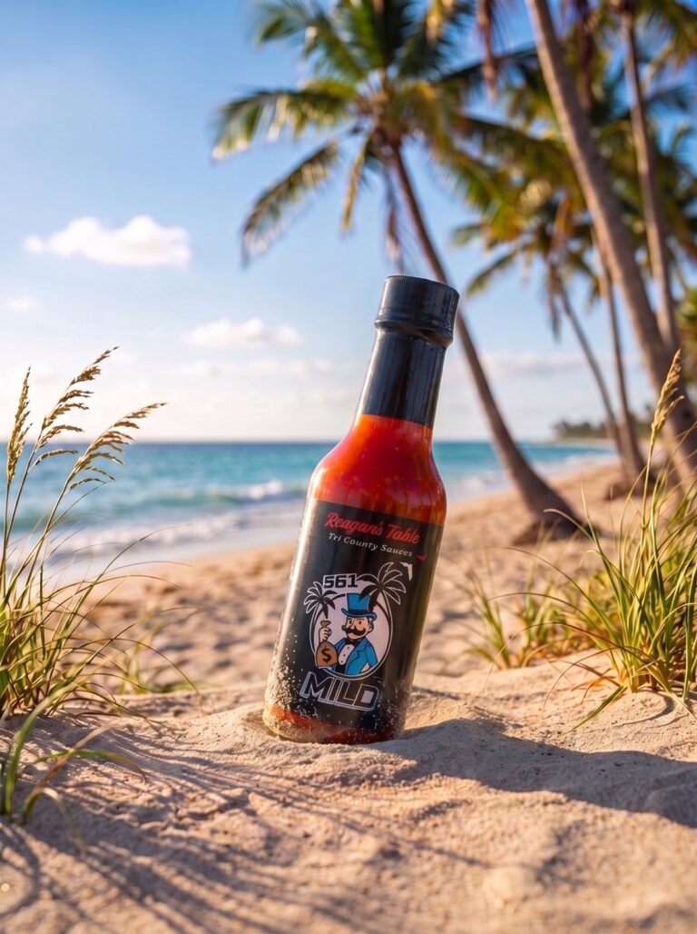 Reagan’s Table 561 Mild hot sauce in the beach sand with palm trees, product photography by Arte City Media