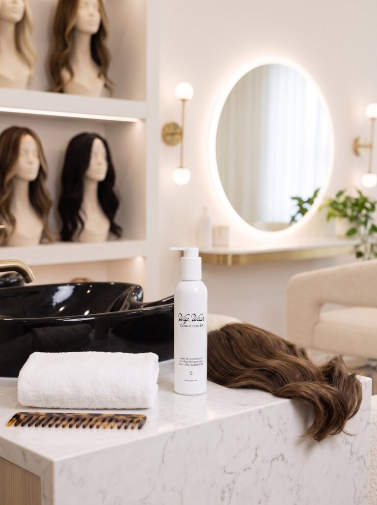 Wig Wash Conditioner on a marble counter in a luxury wig salon, product photography by Arte City Media