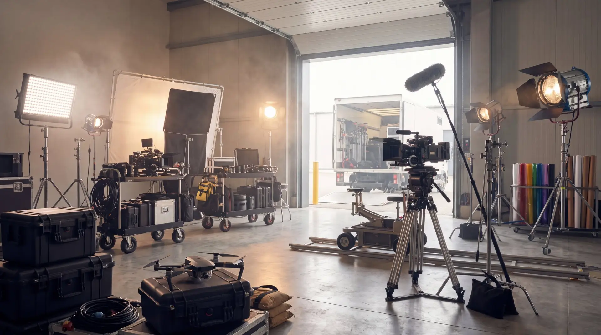 Film production gear staged on a soundstage with a grip truck at the loading door