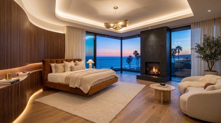 Luxury primary bedroom at twilight with a lit fireplace, curved walnut wall and ocean view, real estate photography by Arte City Media