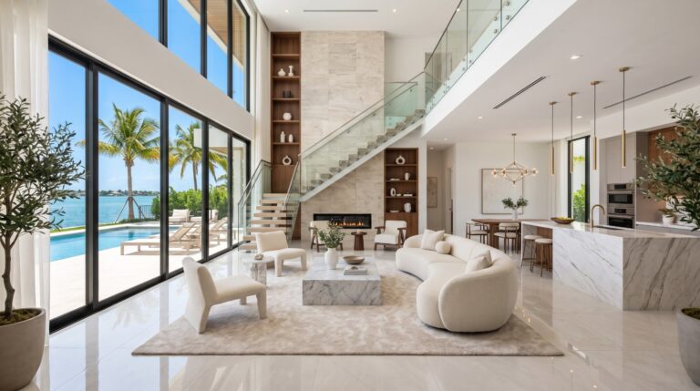 Bright luxury great room with a floating staircase, marble kitchen and pool view, real estate photography by Arte City Media