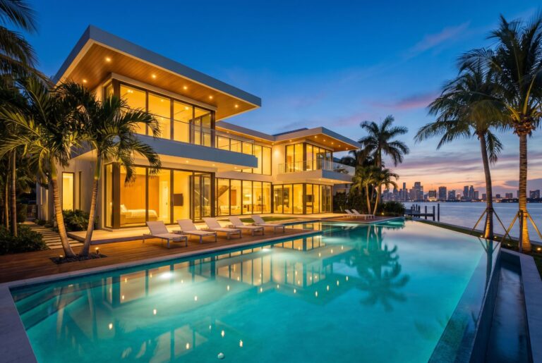 Luxury modern Miami waterfront home at twilight with an infinity pool and the skyline behind