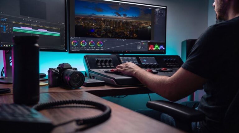 Video editor color grading Miami skyline footage in an editing suite