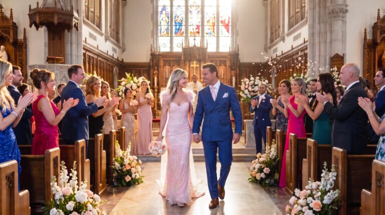 Newlyweds walking down the aisle as guests cheer, wedding photography by Arte City Media