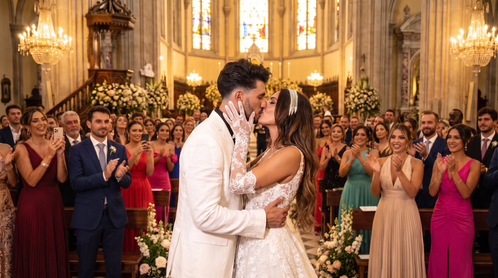 Bride and groom kissing at the altar of a cathedral as guests applaud, wedding photography by Arte City Media