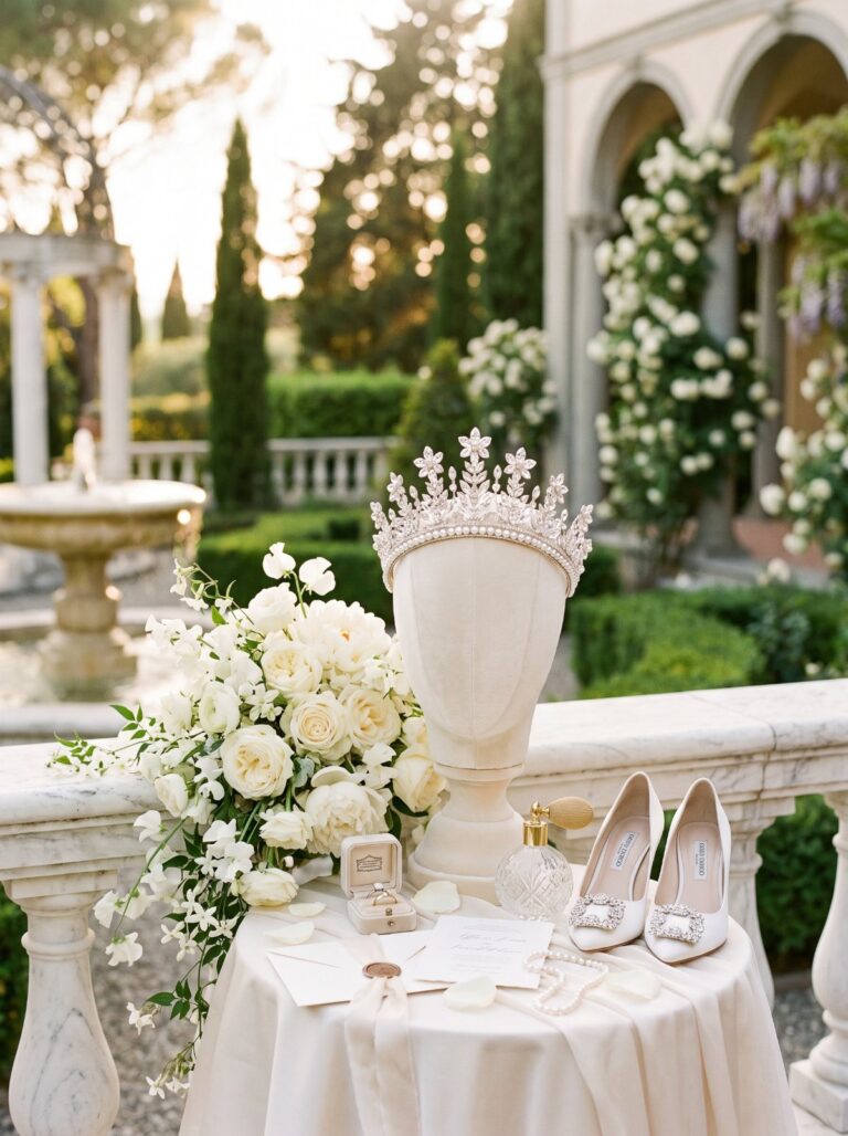Bridal tiara, bouquet, heels and invitation styled on a villa terrace, wedding detail photography by Arte City Media