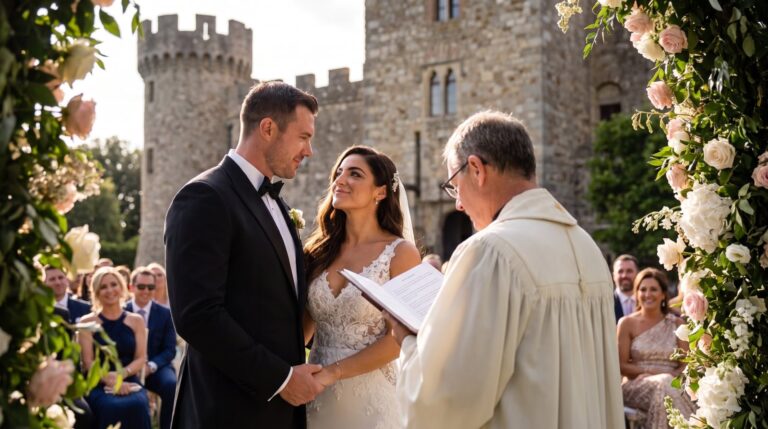 Couple exchanging vows at a castle wedding ceremony, wedding photography by Arte City Media