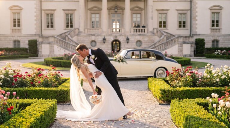 Bride and groom kissing in front of a grand historic mansion with a vintage Rolls-Royce