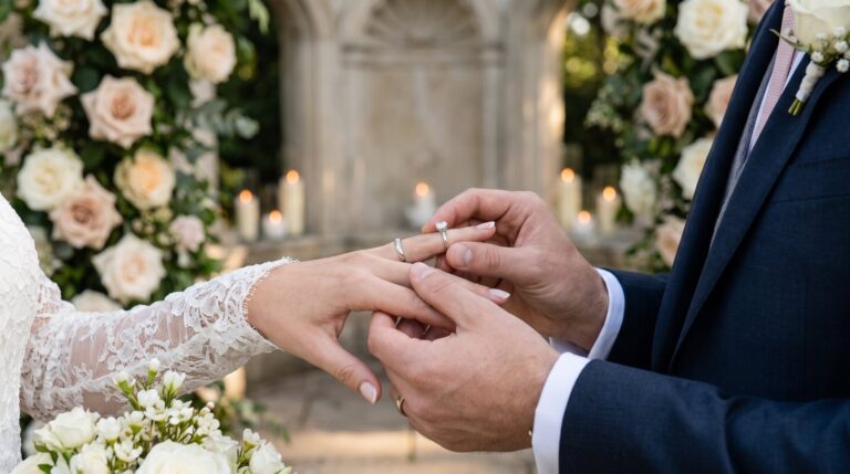 Groom placing the ring on the bride's hand during the ceremony, wedding photography by Arte City Media