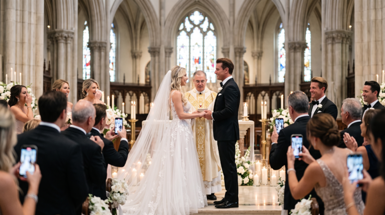 Bride and groom at the altar of a grand cathedral as guests look on, by Arte City Media