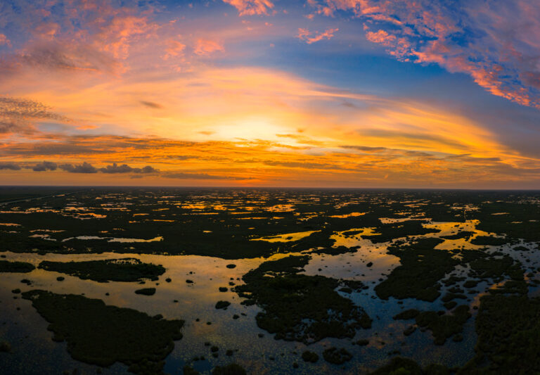 Aerial view of the Florida Everglades at sunset, by Arte City Media