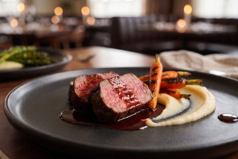 Close-up of sliced filet mignon with glazed carrots and puree at a restaurant, by Arte City Media