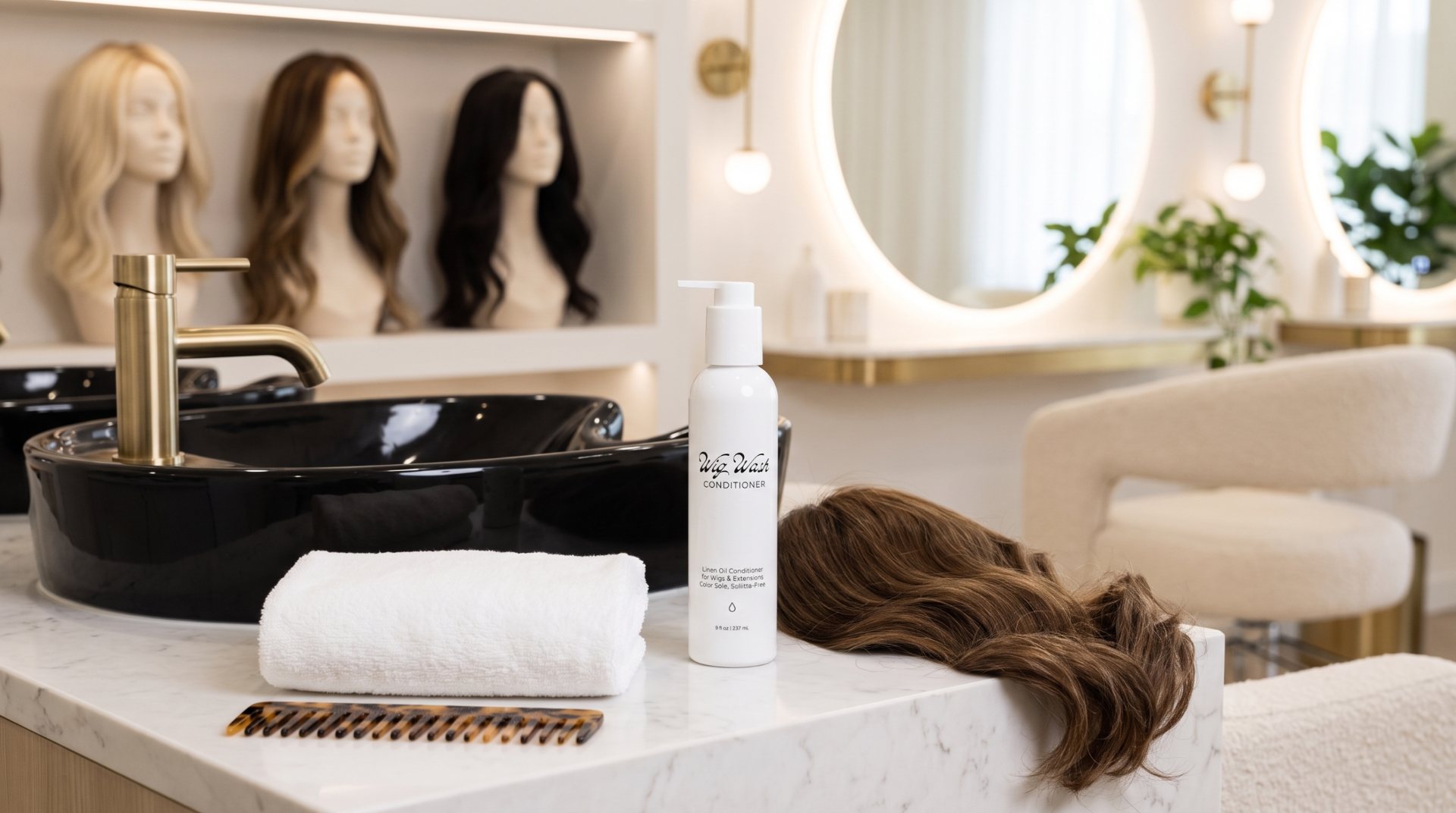 Wig Wash conditioner on a marble counter in a luxury wig salon