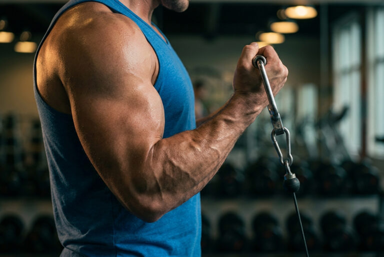 Close-up of a man doing a bicep curl on a cable machine in a gym