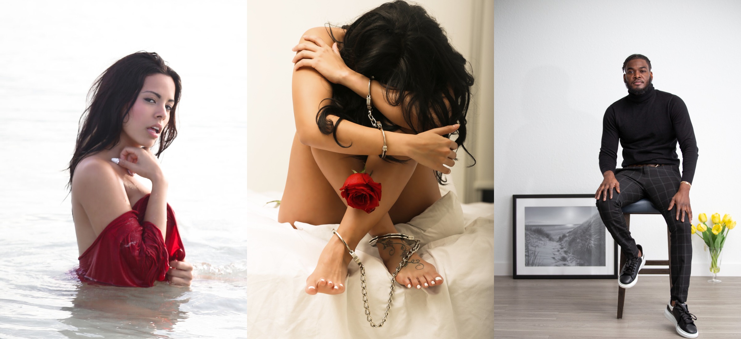 Three model portfolio portraits side by side