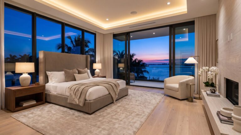 Luxury bedroom with floor-to-ceiling windows and an ocean sunset view, by Arte City Media