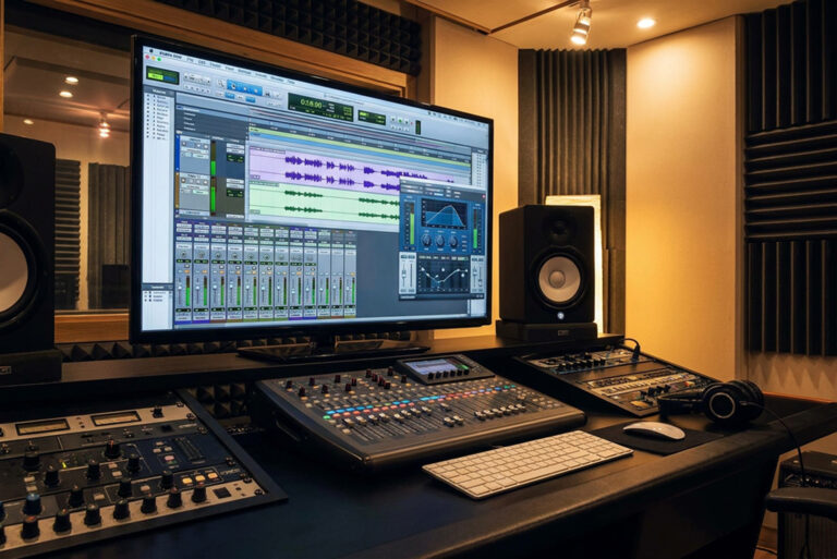 Audio editing suite with a mixing console and studio monitors at Arte City Media