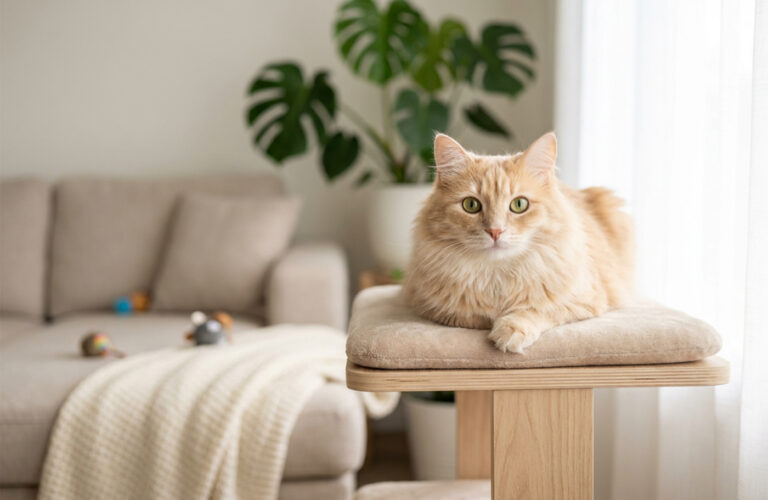 Fluffy cream cat lounging in a bright, cozy living room, pet photography by Arte City Media