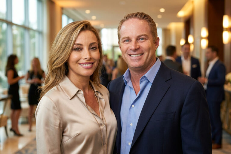 Couple smiling at an upscale corporate real estate event, by Arte City Media