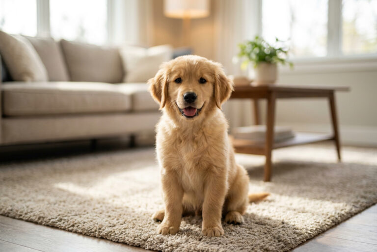 Golden retriever puppy sitting on a rug at home