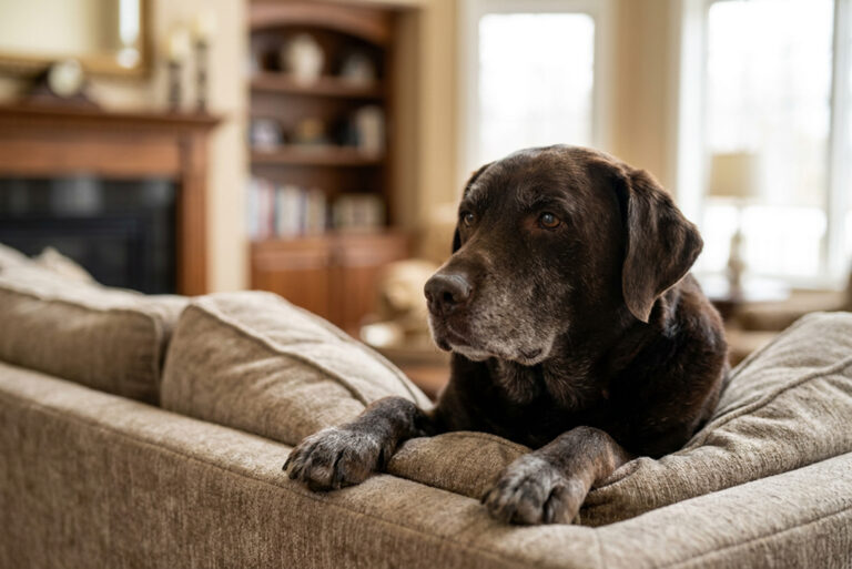 Senior chocolate Labrador resting on a couch