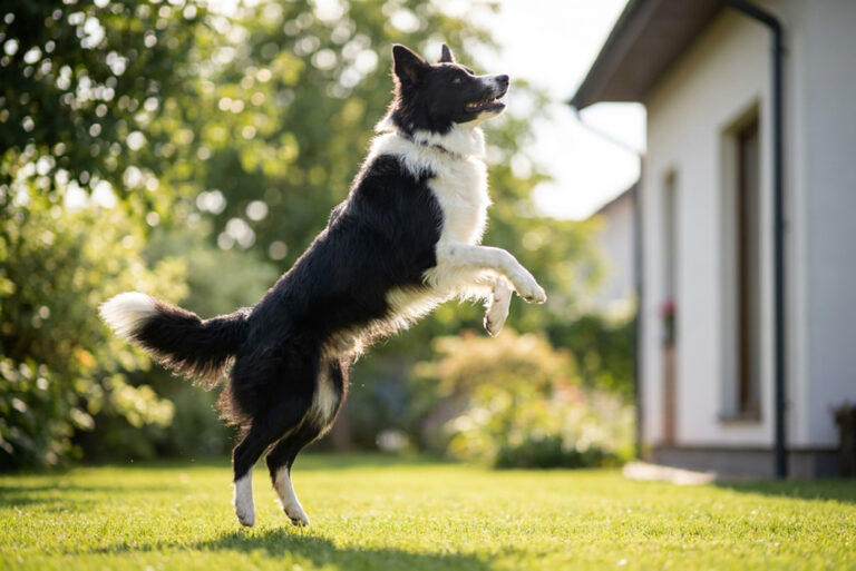 Border collie jumping mid-air on a lawn