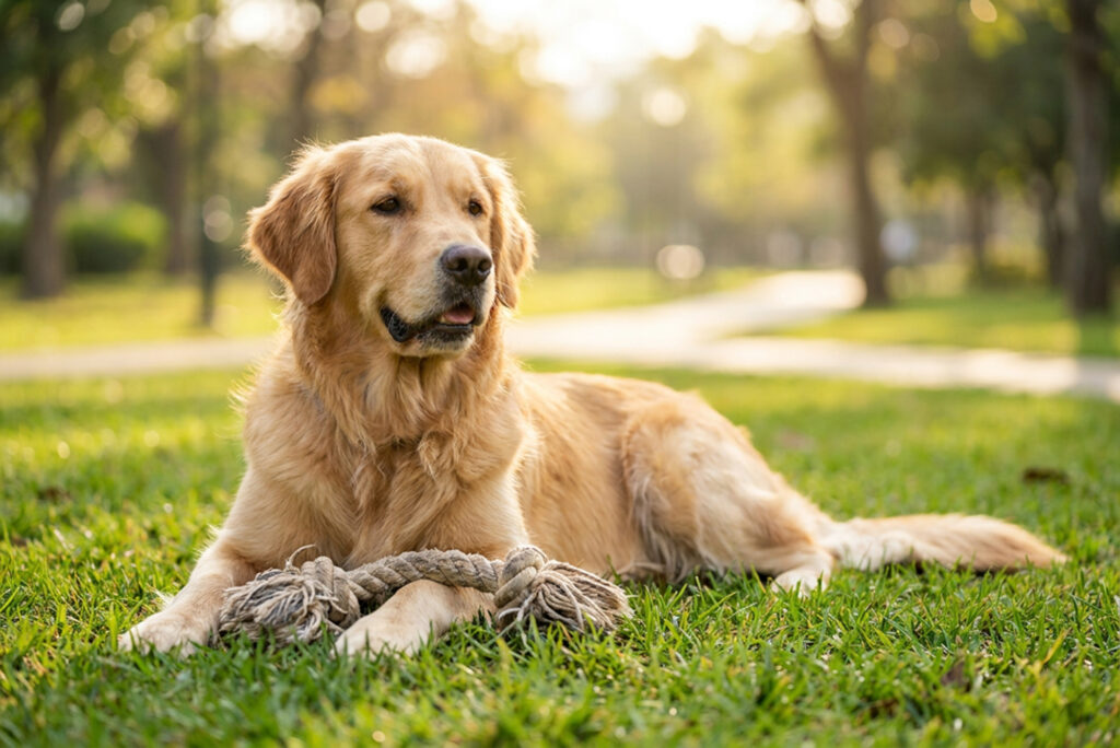Golden retriever relaxing on the grass with a rope toy