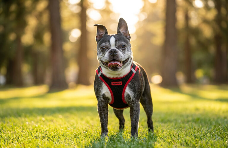 Boston terrier posing proudly on the grass in a sunlit park, pet photography by Arte City Media