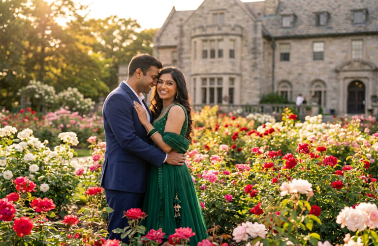 Engaged couple embracing in a rose garden at golden hour, by Arte City Media
