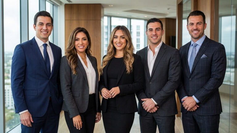 Corporate team headshot of five professionals in a modern office, by Arte City Media
